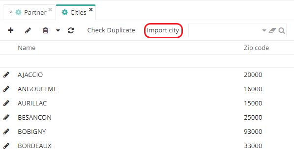 1.7. If a city is missing, new cities can be added (Config applicative → Organisation → Territories → Cities → on the Cities page click on the button Import City). Cities can be imported either by importing CSV files or by importing via Geonames.